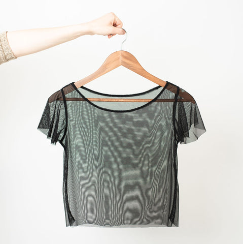 Black sheer mesh t-shirt with wide scooped neckline, short sleeves, and raw hems on body and sleeves.